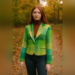 Vintage Green Patchwork Plaid Blazer Women’s Retro Colorblock Cropped Jacket